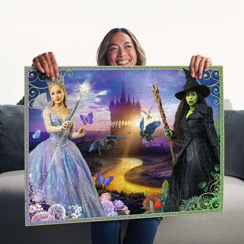 Ravensburger Wicked Movie Part 2 puzzle assembly shot highlights interlocking pieces.