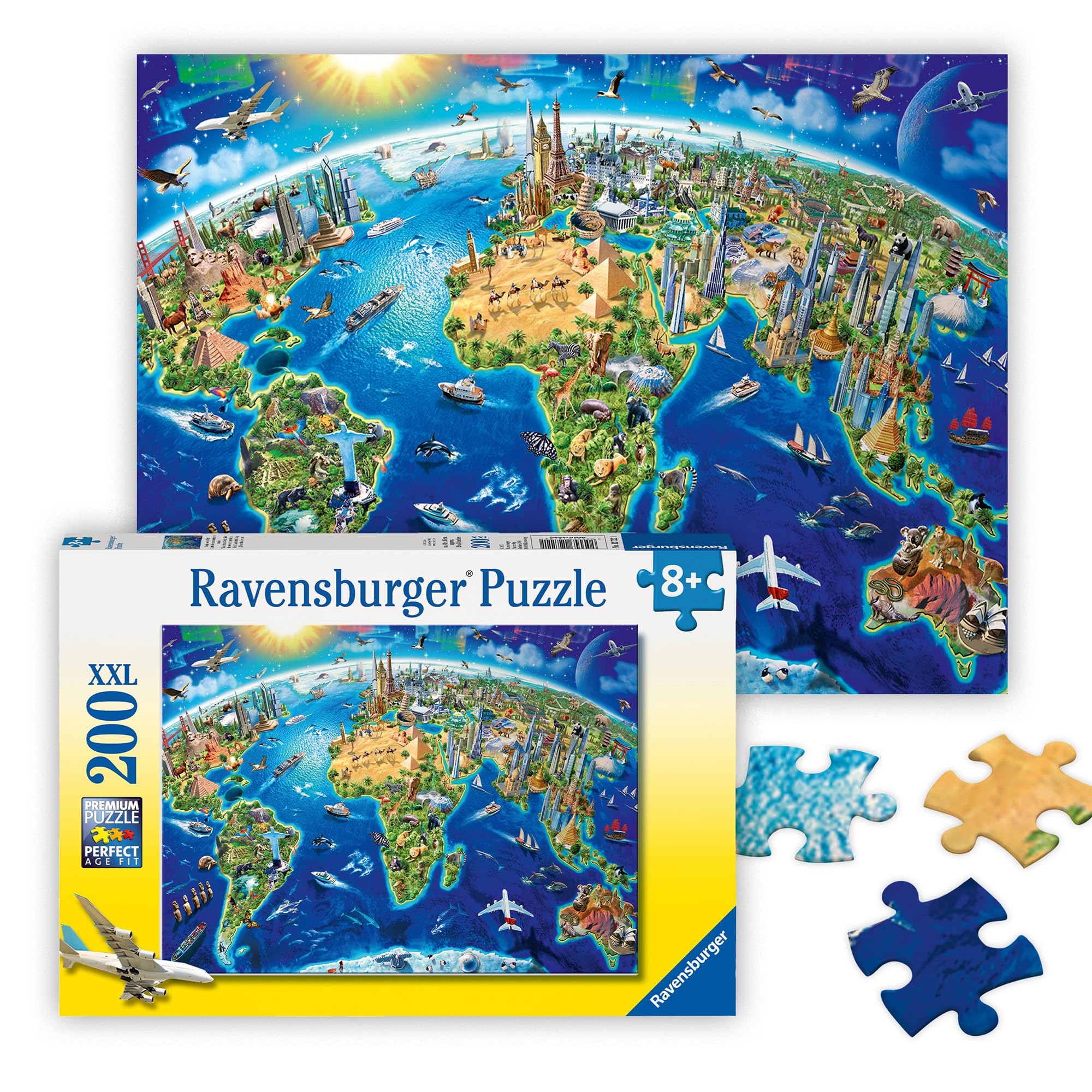 Ravensburger World Landmarks Map 200-piece puzzle featuring the Eiffel Tower — boosts geography learning and family fun.