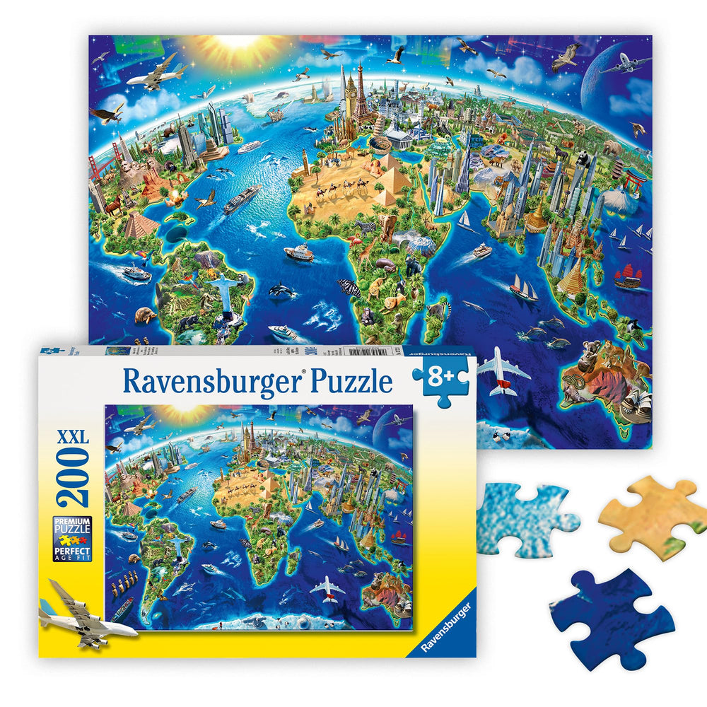 Ravensburger World Landmarks Map 200-piece puzzle featuring the Eiffel Tower — boosts geography learning and family fun.