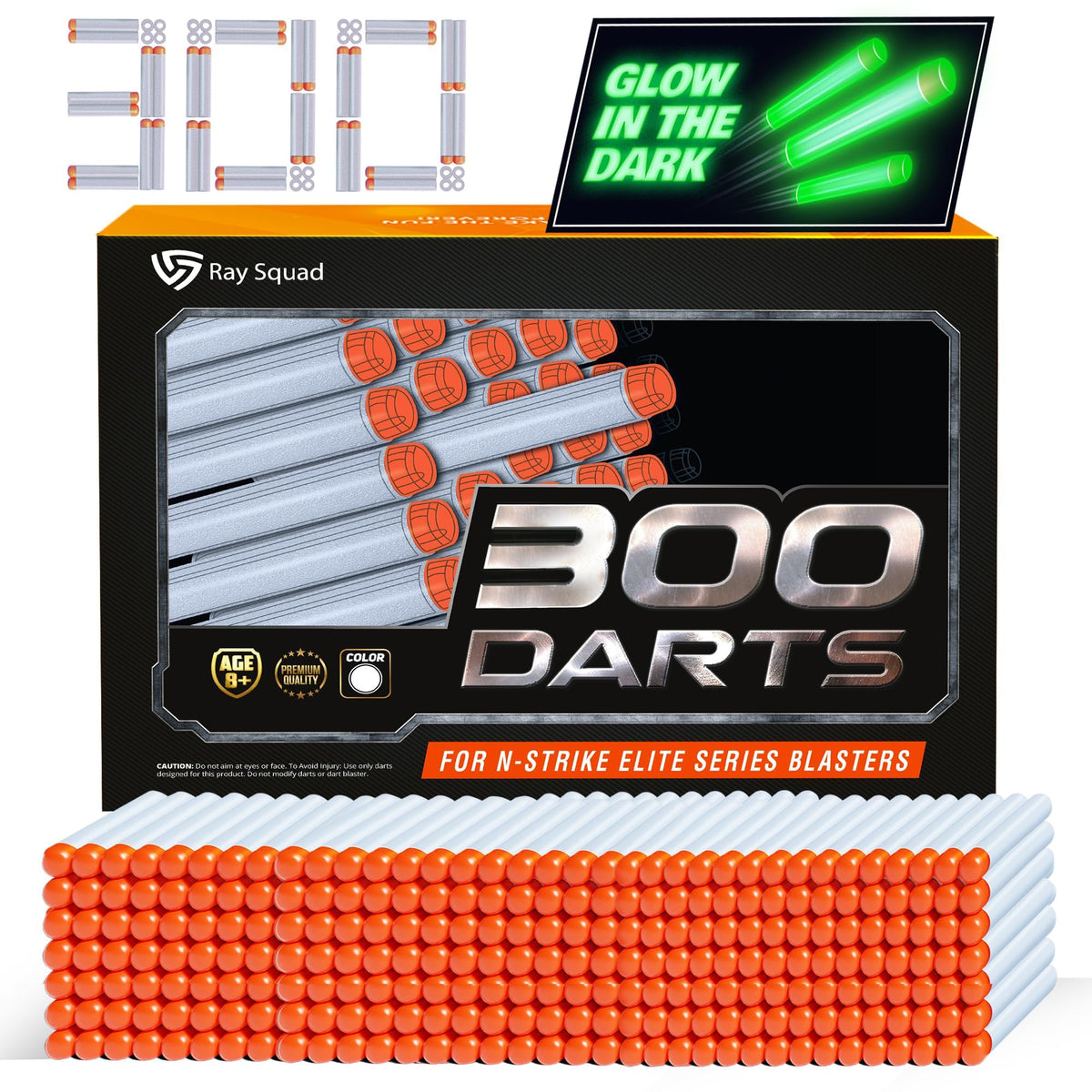 Ray Squad glow darts in a 300-piece mega pack, ready for action-packed Nerf battles.