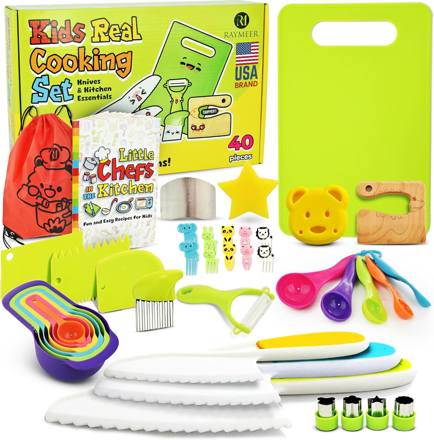 Raymeer 40Pcs Kids Knife Set packaging highlights complete beginner-friendly kit for home kitchens