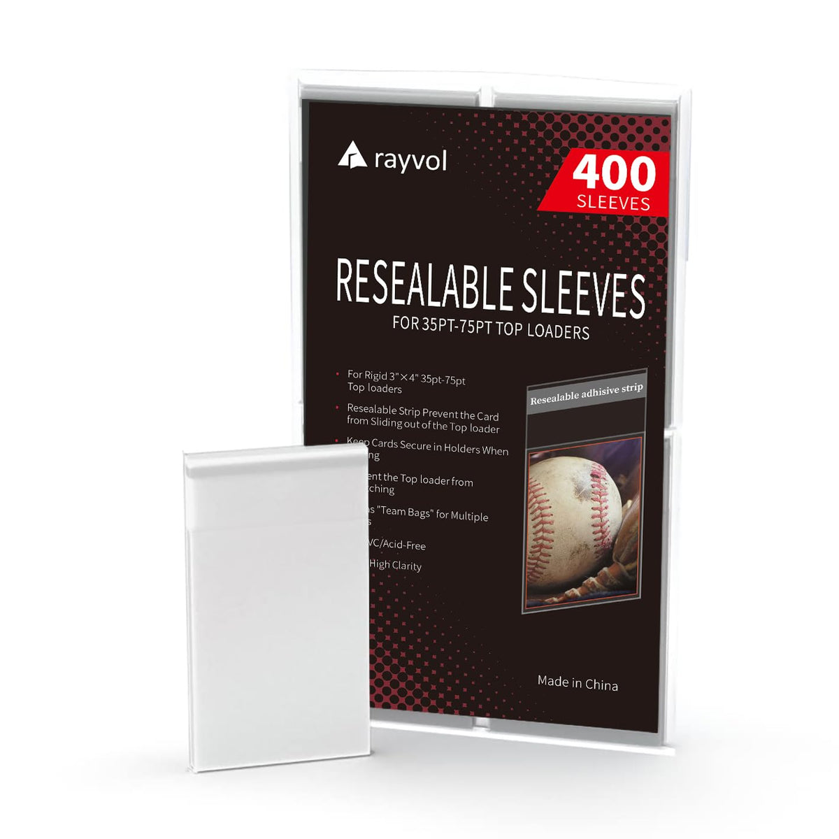 Rayvol top loader sleeves in a 400-pack, ready for bulk collection protection.