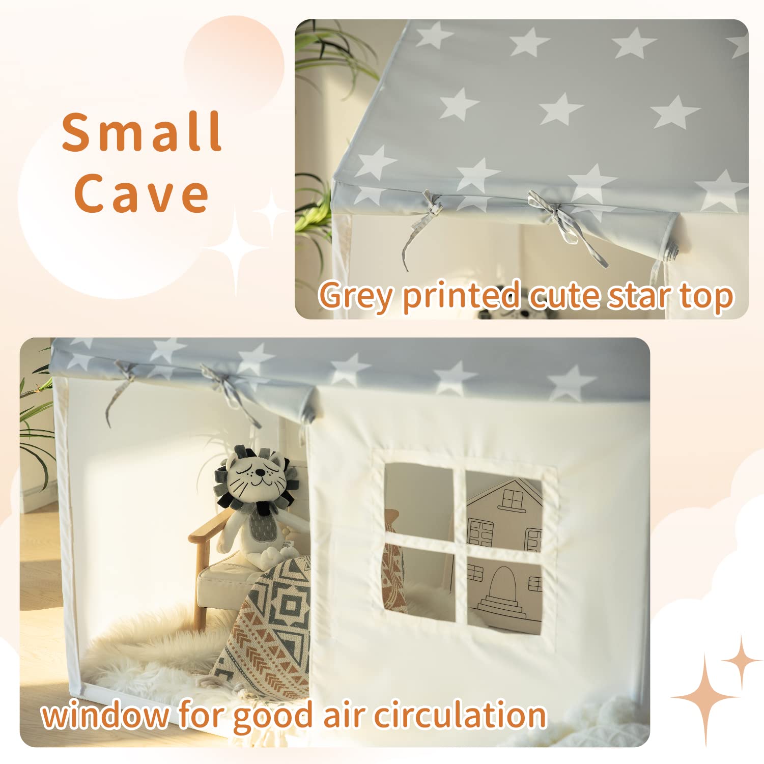 Razee Play Tent fabric closeup shows cotton-polyester feel and safe seams.