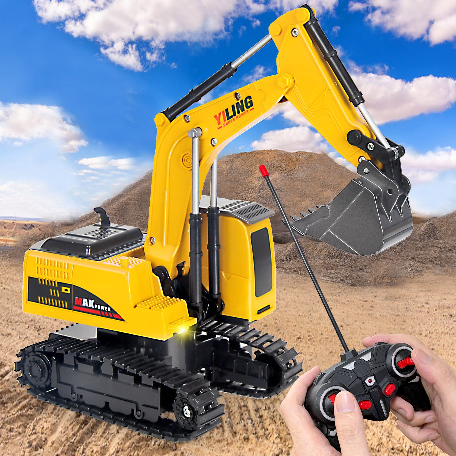 Rc Dreamer dump truck loading sand for cooperative pretend play.