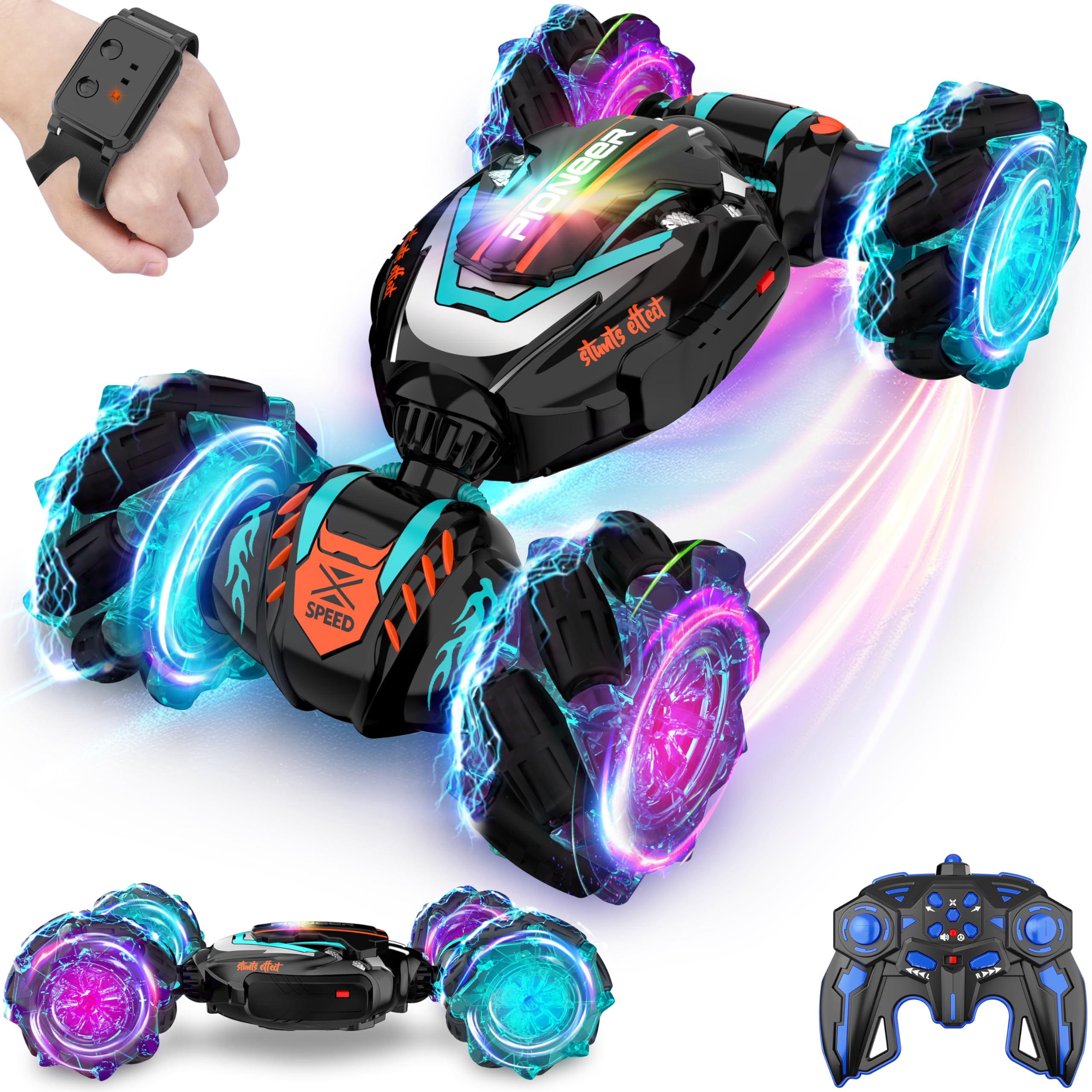 Rcabcar gesture-sensing RC stunt car enabling precise hands-free control for dynamic performances.