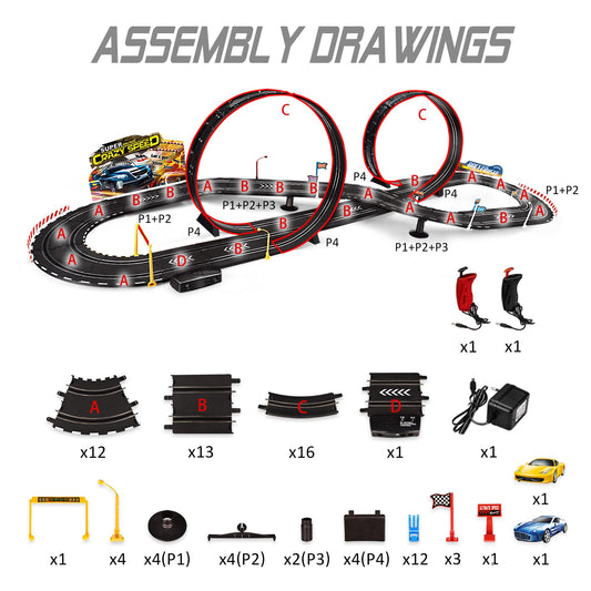 RCOVASC slot car track with two cars promotes cooperative racing fun.