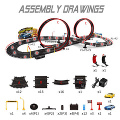 RCOVASC slot car track with two cars promotes cooperative racing fun.