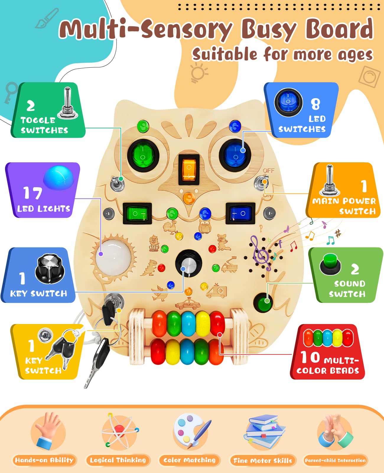 RCPLAGA wooden toddler busy board with smooth hand-polished surface.