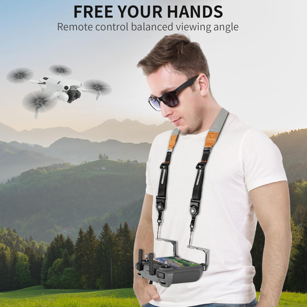 RCstyle neck lanyard hands-free view emphasizes screen access during flight sessions.