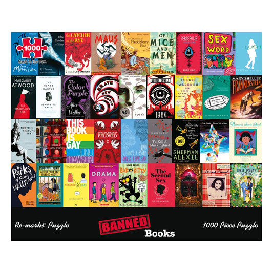 Re-Marks Banned Books collage puzzle with iconic covers for nostalgic family fun.