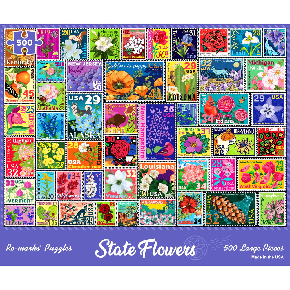Re-Marks State Flowers Puzzle cover with vibrant stamps, ideal for family puzzle night.