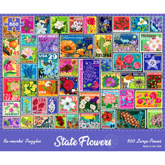 Re-Marks State Flowers Puzzle cover with vibrant stamps, ideal for family puzzle night.