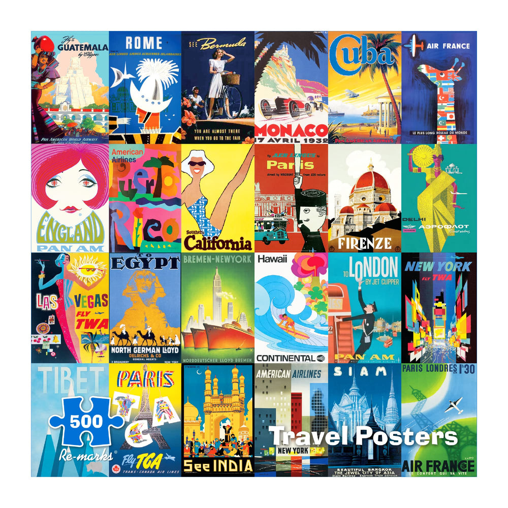 Re-Marks travel posters puzzle box featuring vibrant art for family enjoyment.