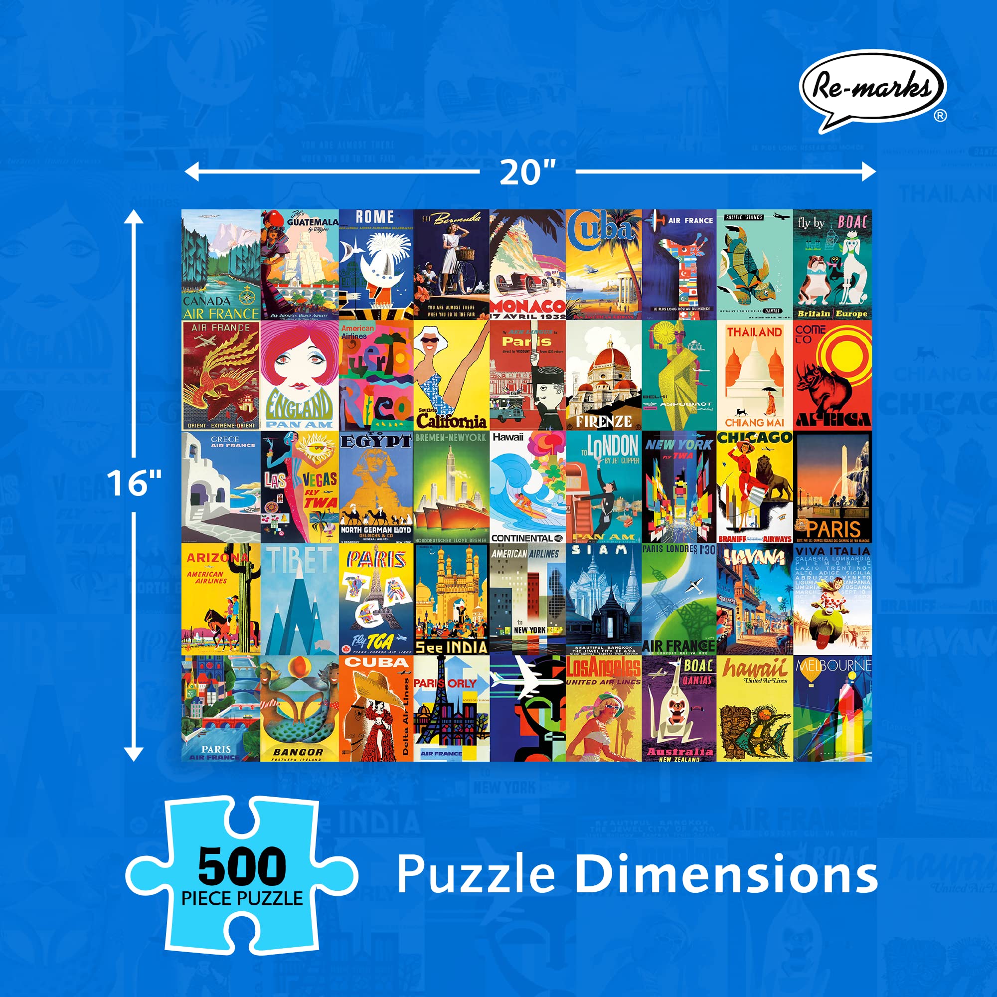 Re-Marks travel posters vibrant art evokes wanderlust during solo puzzle time.