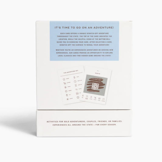 Reach International Outfitters Texas Adventure Bucket List card back shows season icons for planning