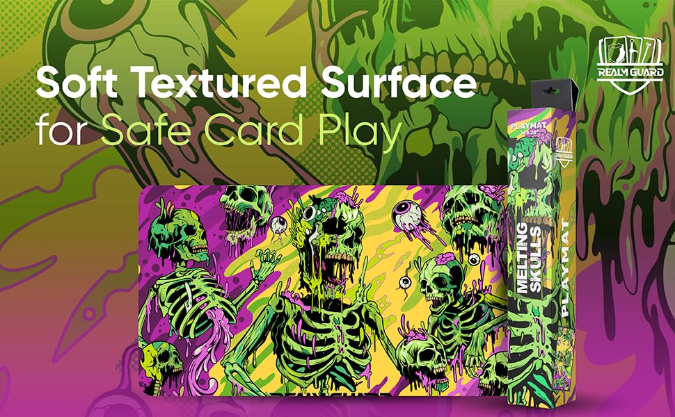 Realm Guard Melting Skulls playmat with anti-slip bottom keeps games steady