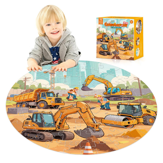 REALRINDO floor puzzle shows an excavator in a busy site, boosting fine motor skills and planning.