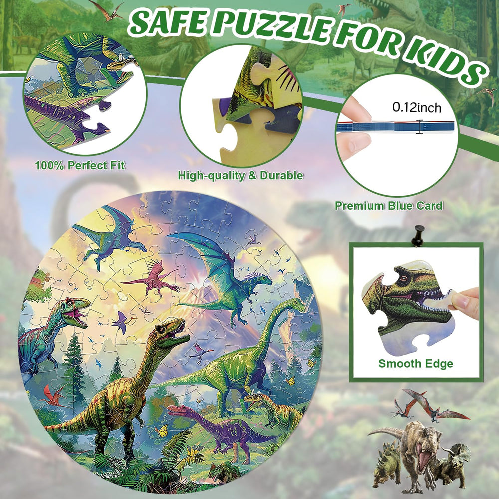 REALRINDO dinosaur puzzle round pieces with storage box for easy cleanup.