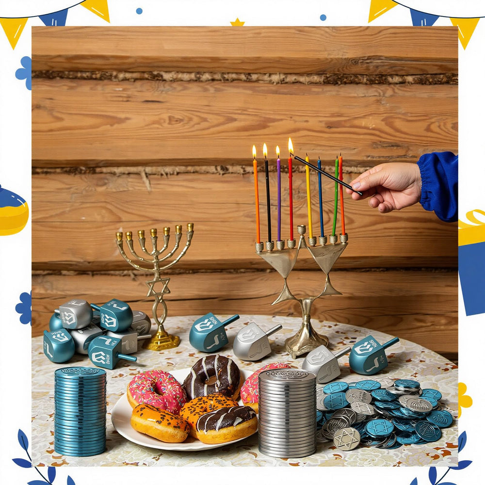 Realspring Hanukkah gift set blue gray, a complete party centerpiece and activity kit.