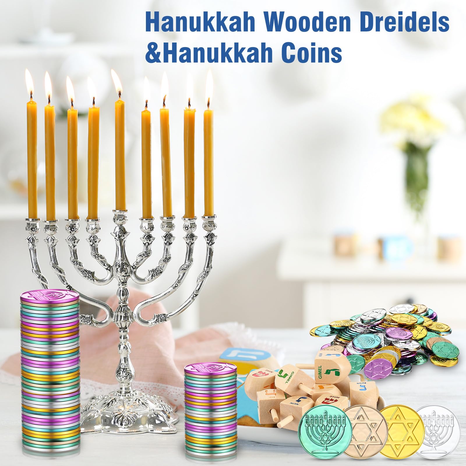 Realspring Hanukkah kids playing with coins and dreidels