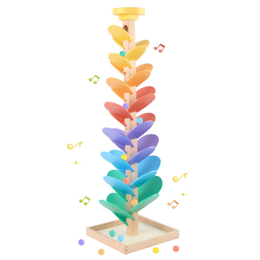 RECEKA wooden marble run top view highlights connected pathways for curious hands.