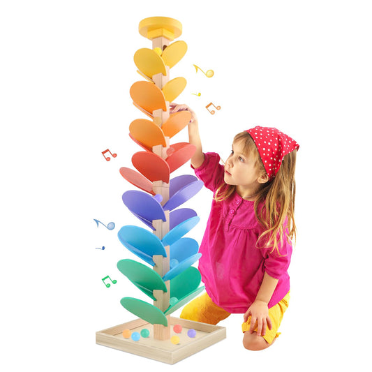 RECEKA wooden marble run tree leaves show color recognition in action.