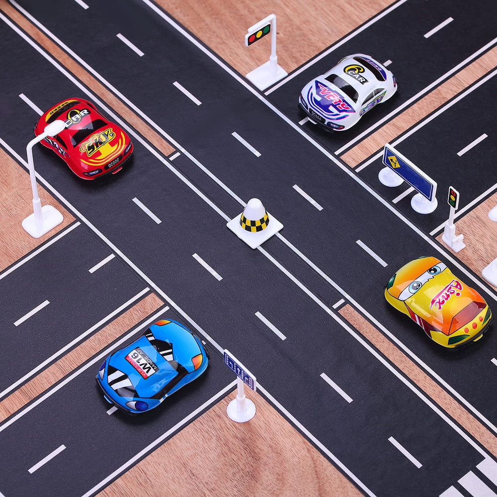 Tape on the floor used for decorative racing lanes and play spaces.