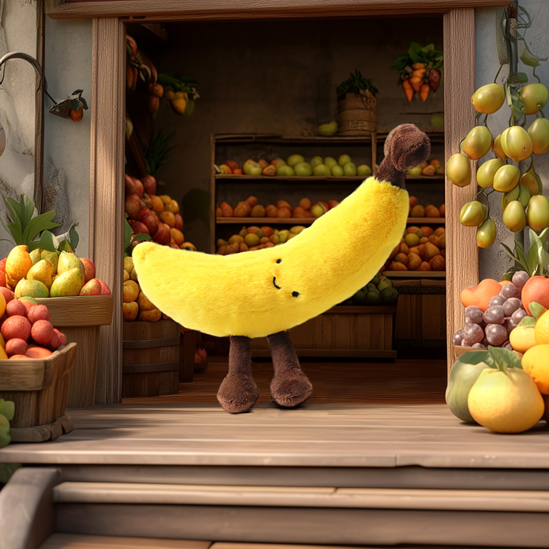 RECUR banana plush shown as a friendly travel companion and comfort buddy.