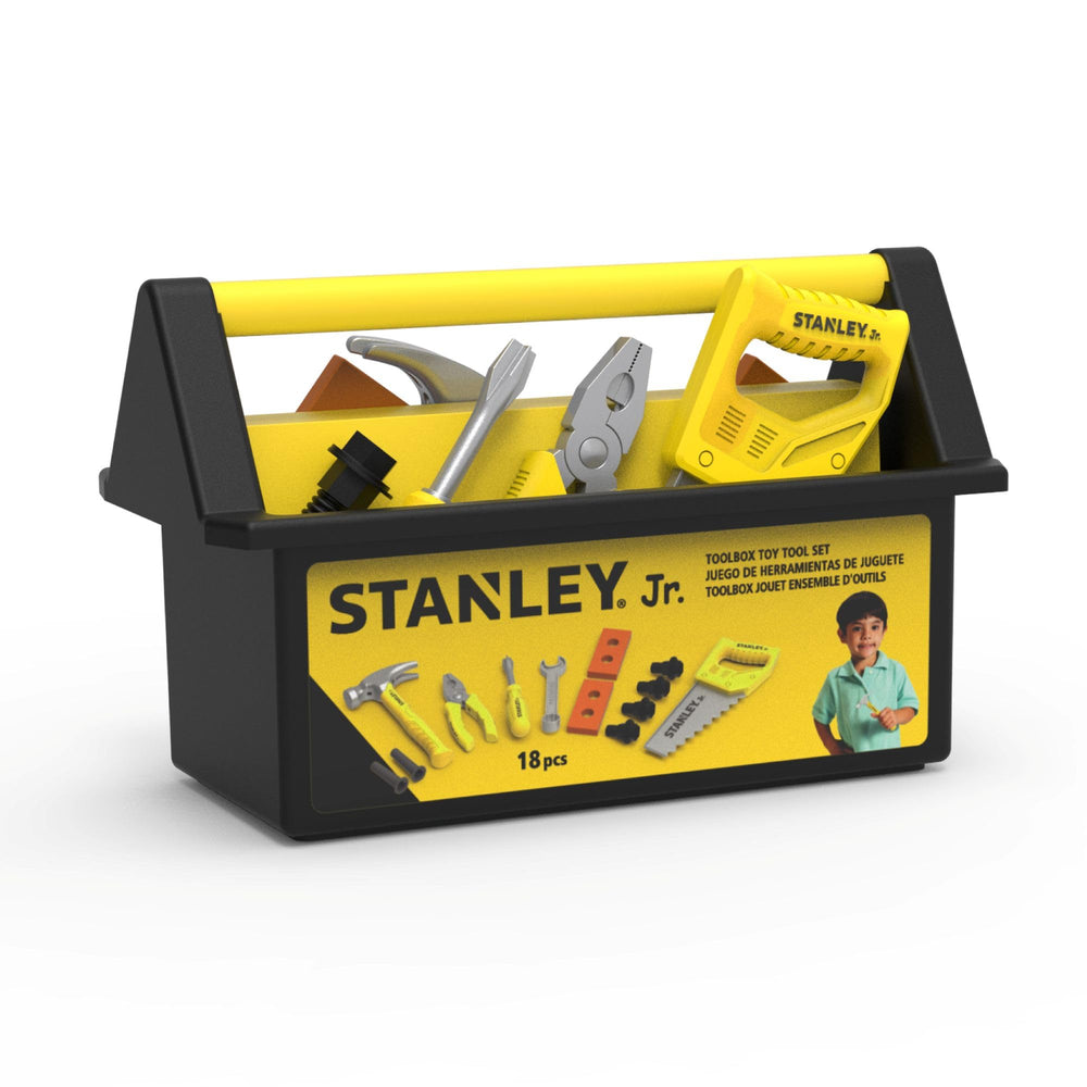 Red Toolbox 18-piece tool set with open design enables independent pretend play.