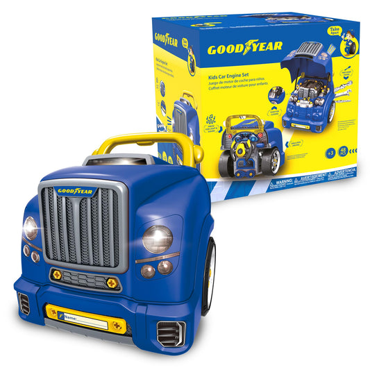 Red Toolbox Good Year engine parts front view shows durable, kid-friendly mechanics playset.