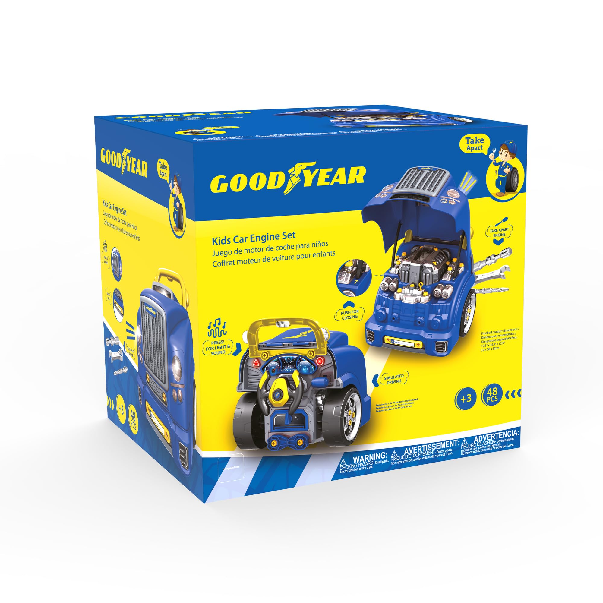 Red Toolbox Good Year engine tools-included set emphasizes complete pretend mechanic experience.