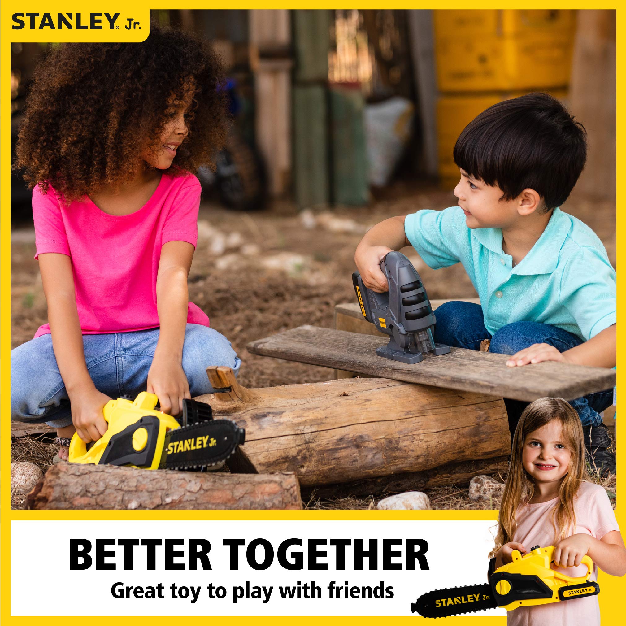 Red Toolbox Stanley Jr chainsaw suitable for ages 3+