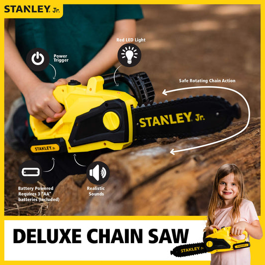 Closeup of Red Toolbox Stanley Jr chainsaw in yellow, showcasing design