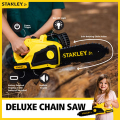 Closeup of Red Toolbox Stanley Jr chainsaw in yellow, showcasing design