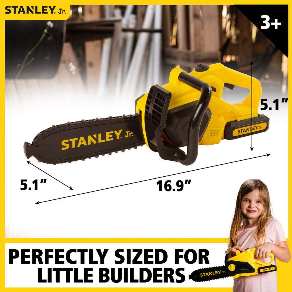 Child outdoors playing with Red Toolbox Stanley Jr chainsaw during adventure