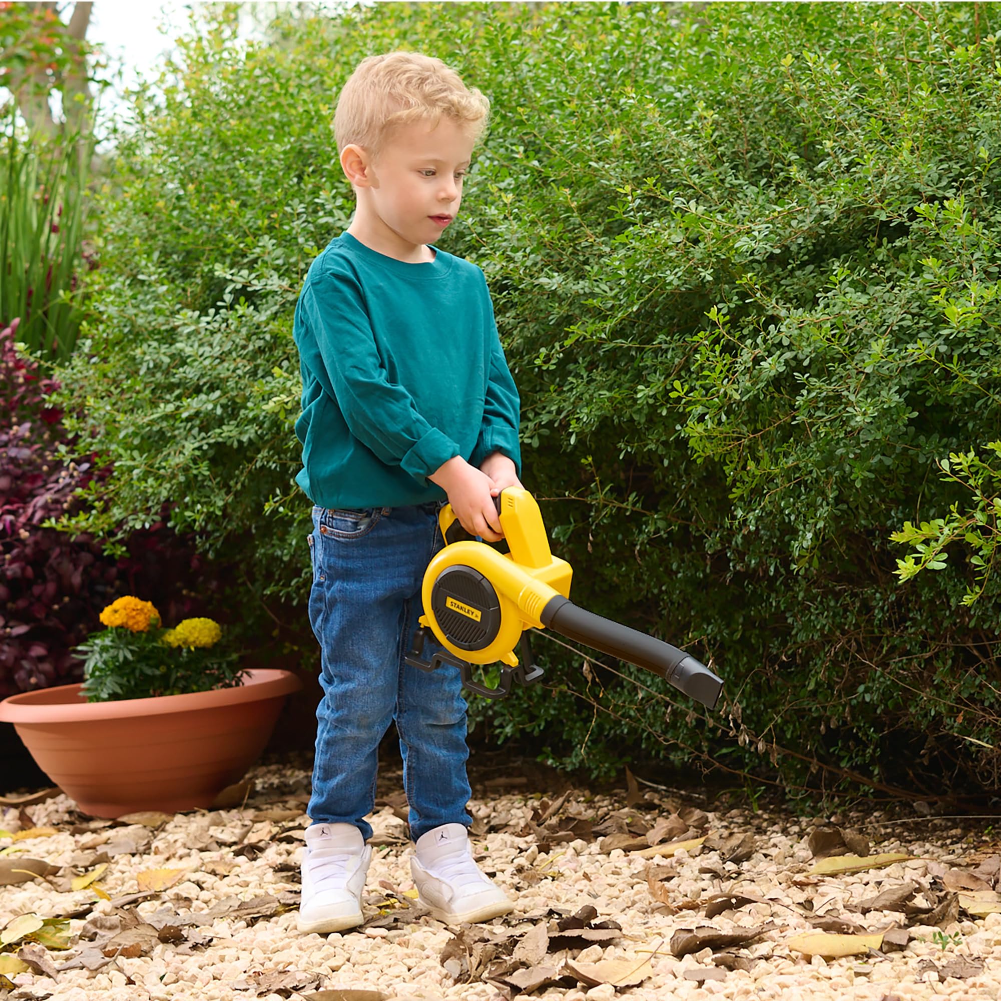 Red Toolbox Stanley Jr leaf blower child playing outdoors safe pretend tool.