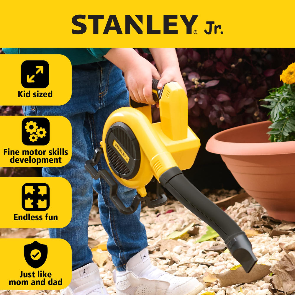 Red Toolbox Stanley Jr leaf blower product image vibrant colors and sound effects.