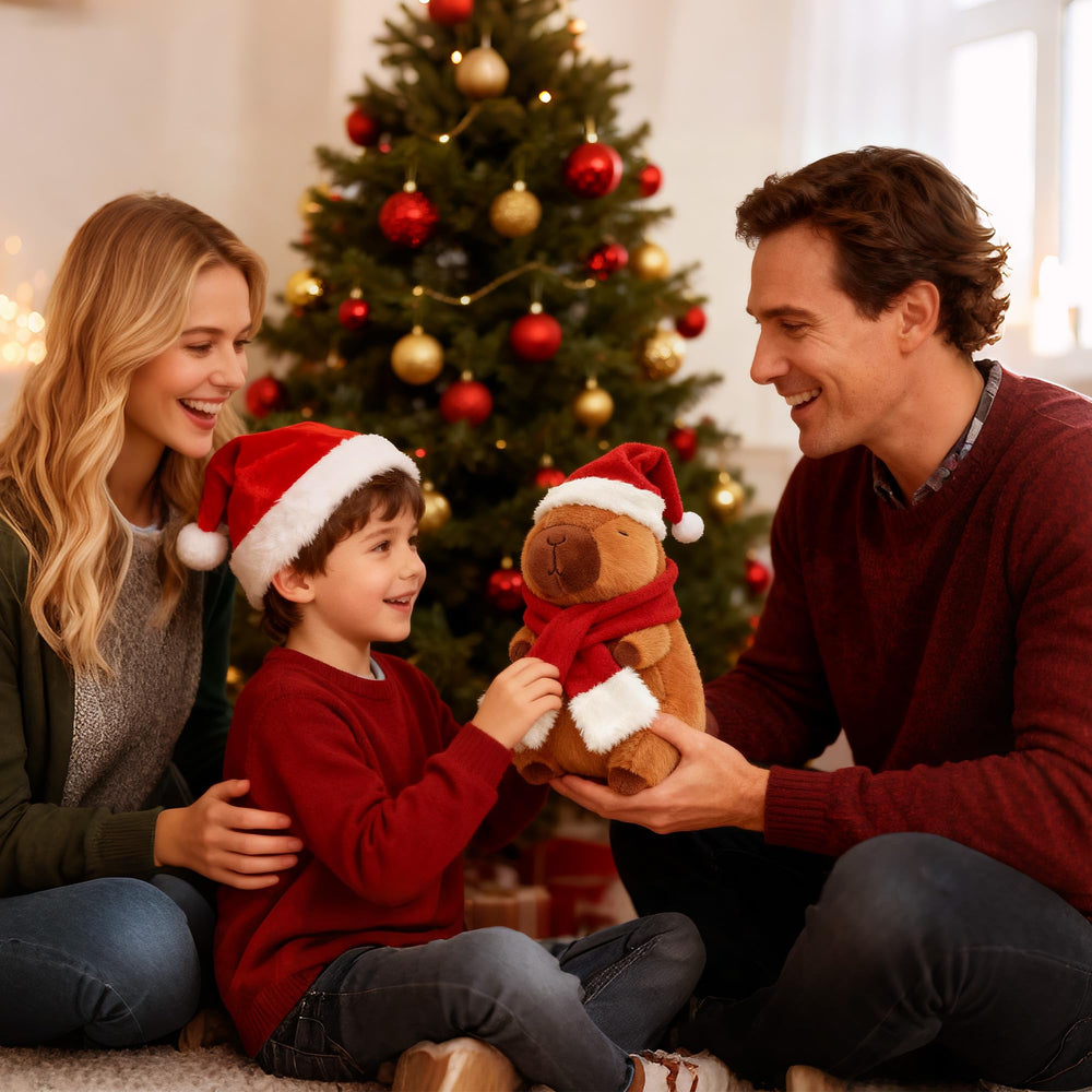 Redaica Christmas capybara decor item pairs with trees and shelves for festive flair.