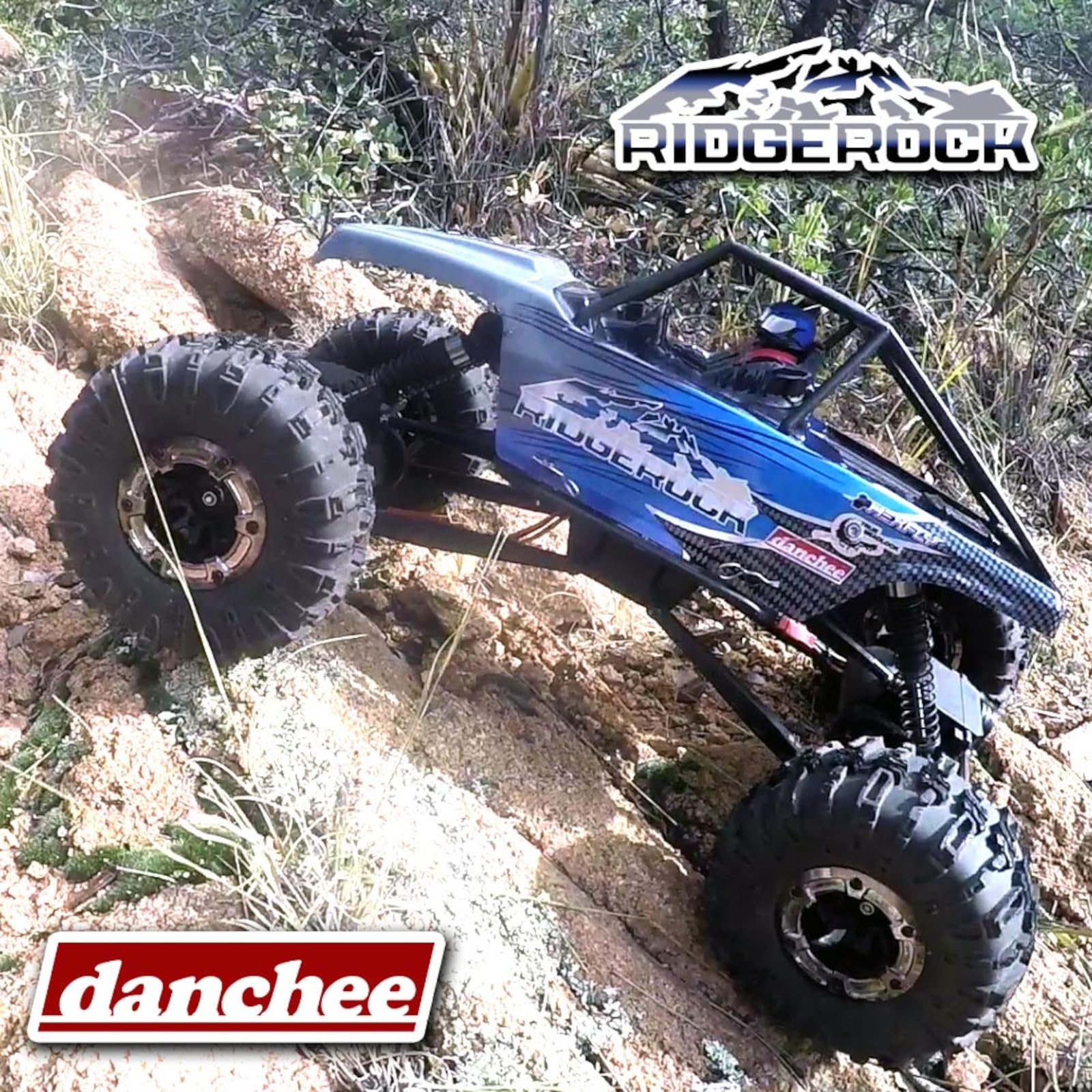 Redcat Racing Danchee Ridgerock suspension detail shows tunable travel on rocks.
