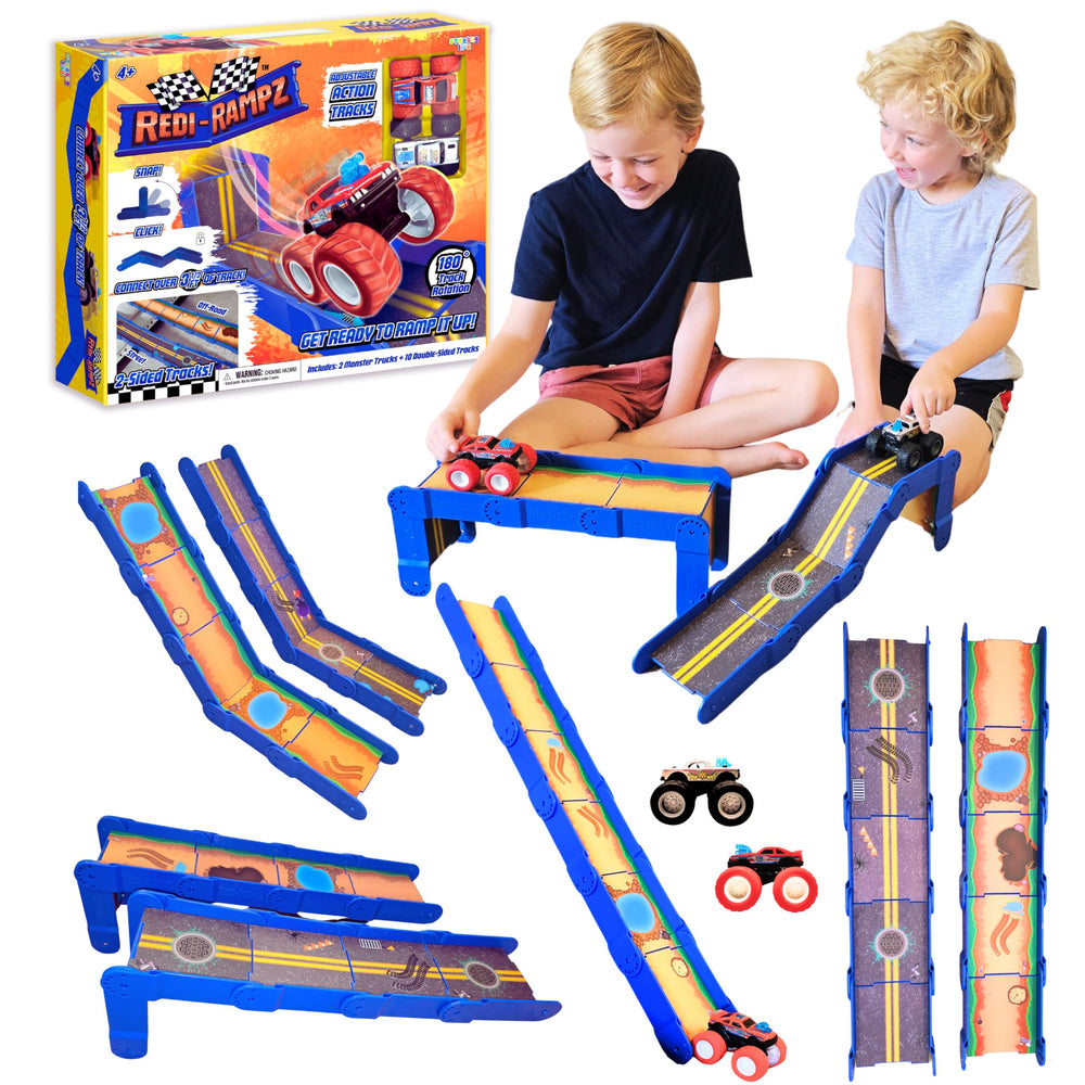 Redi-Rampz STEM Ramp Builder Set cover with modular tracks and trucks.