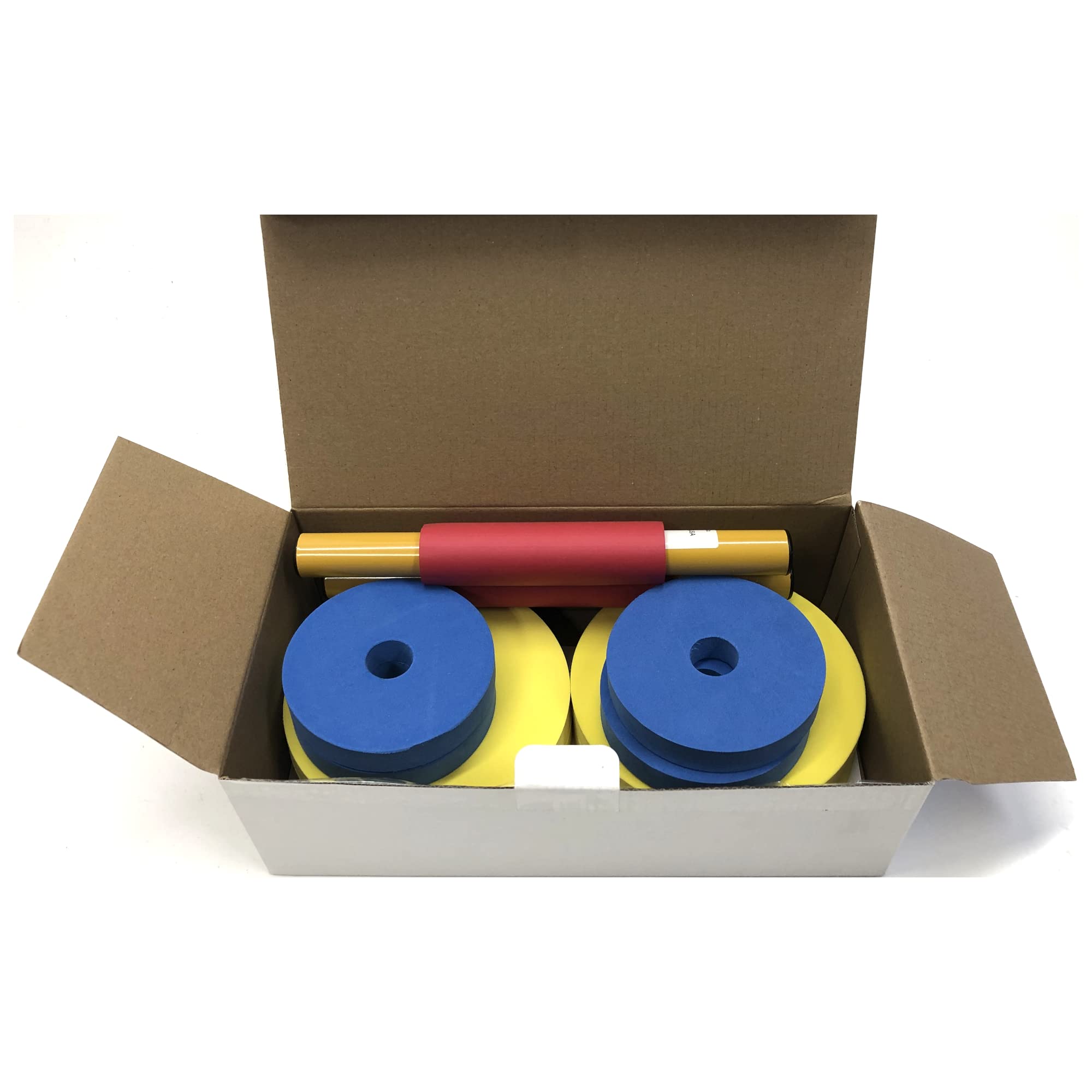 Redmon For Kids Dumbbell Set discs sit between bars for versatile weight options during play.