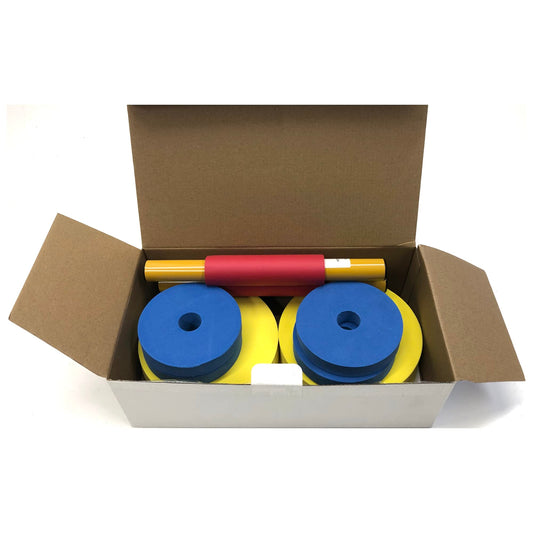 Redmon For Kids Dumbbell Set discs sit between bars for versatile weight options during play.