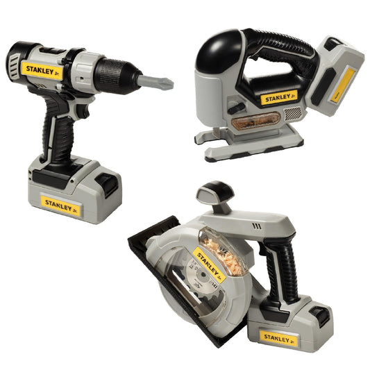 Red Toolbox Stanley Jr. circular saw toy sparks creativity during pretend build projects.