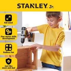Red Toolbox Stanley Jr. drill battery compartment with included batteries enables instant setup.