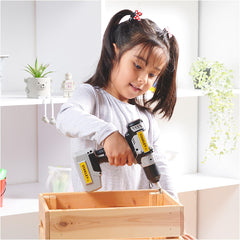 Red Toolbox Stanley Jr. drill action button demonstrates interactive learning through hands-on tasks.