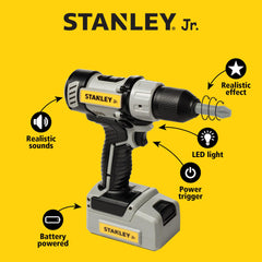 Red Toolbox Stanley Jr. drill playset-included features encourage safe, imaginative construction projects.