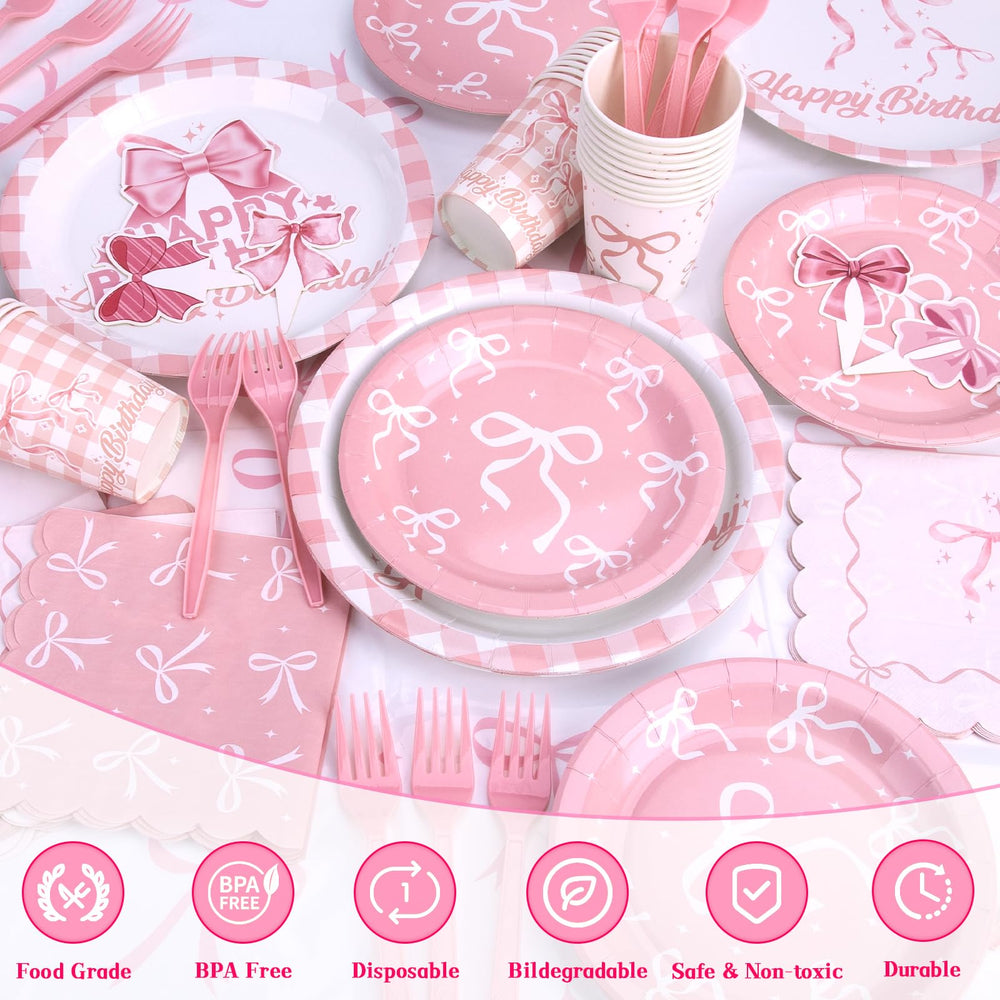 REDWORD pink bow garland creates charming accents across the party space.