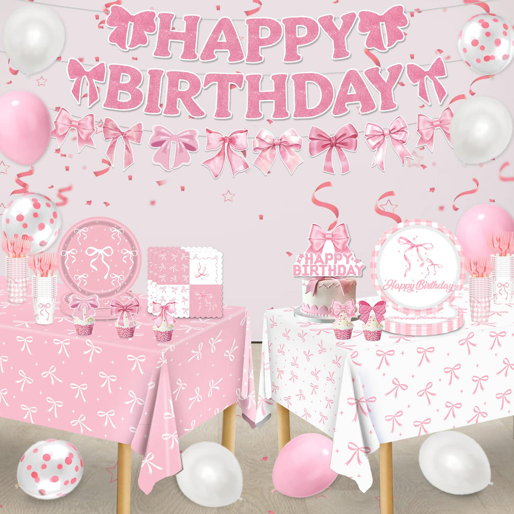 REDWORD pink bow tablecloth protects surfaces and ties the theme together.