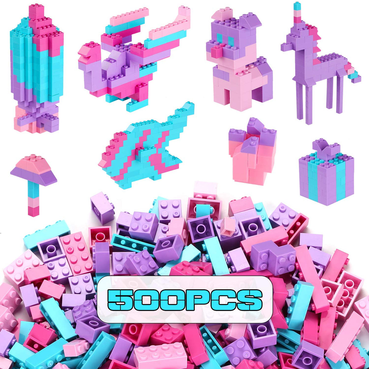 Reenwee Building Bricks Set pink-purple stack for imaginative stacking and pretend play.