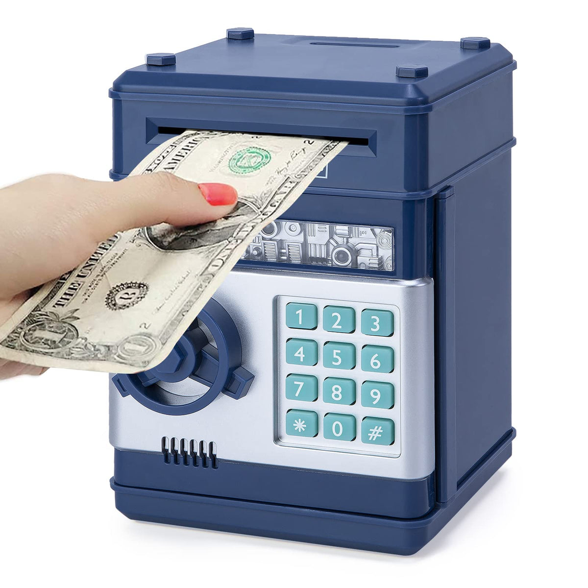 Refasy electronic piggy bank navy front view, compact kid-friendly design